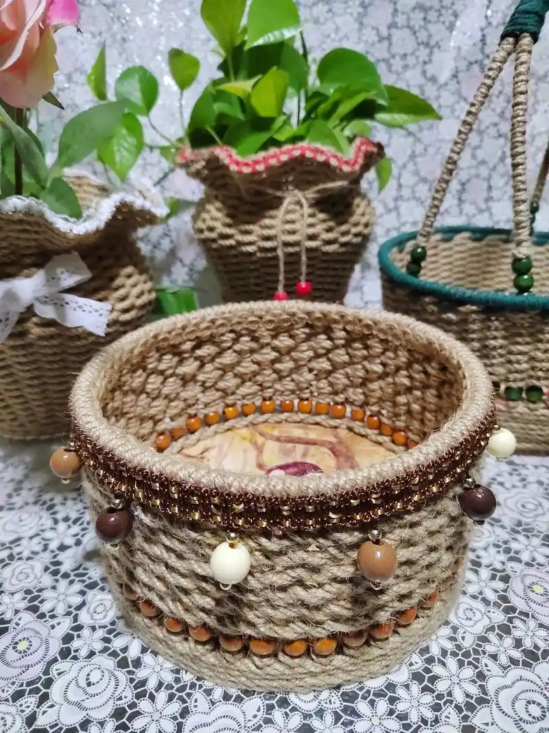 麻绳手工编织 复古收纳筐 放零食,化妆品都非常方便 直径20 - 抖音