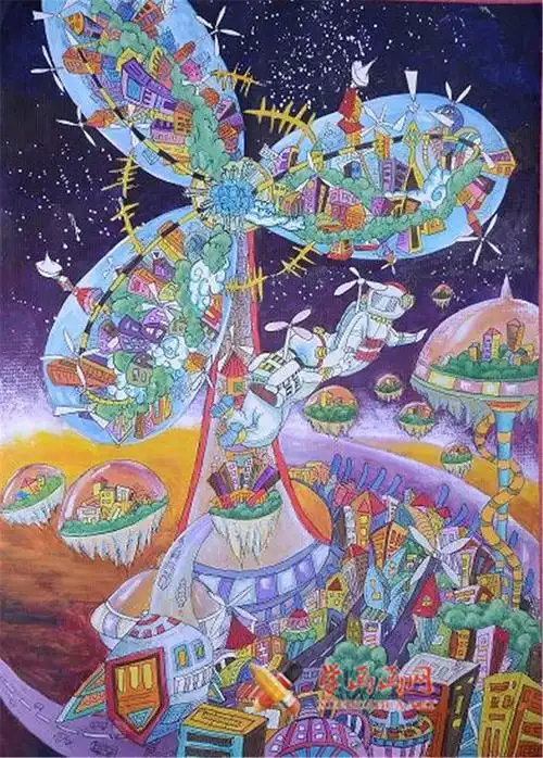 初中一年级二等奖科幻画火星风车之城
