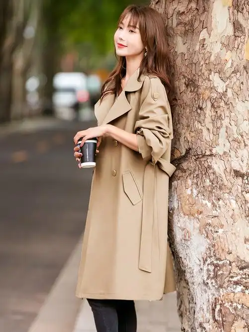 高级卡其色风衣女中中长2022新款双排英伦风休闲风衣