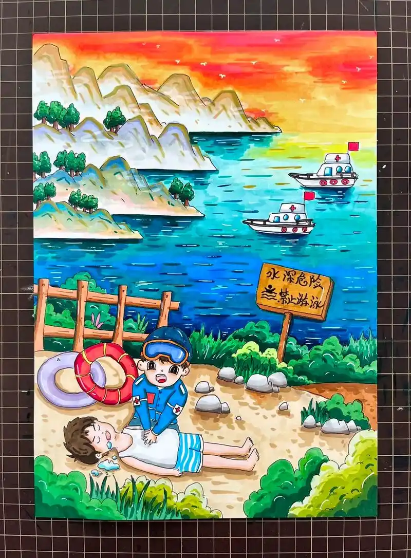 防溺水主题画.#防溺水主题画 #防溺水手抄报 #一起学画画  - 抖音