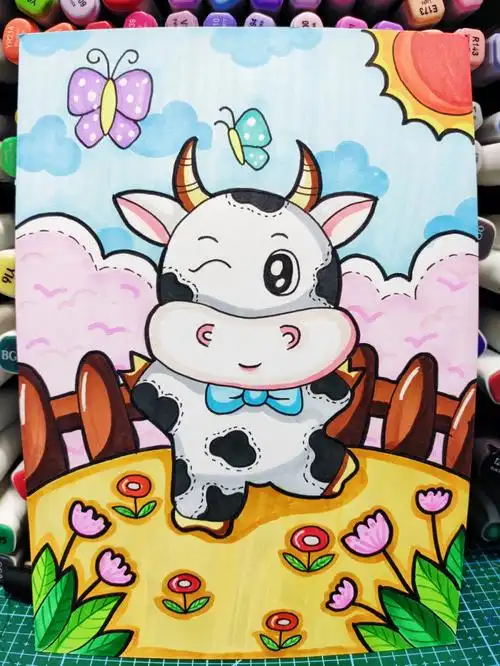 马克笔儿童画十二生肖牛附线稿