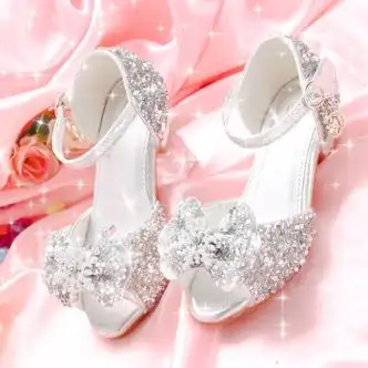 薇放女童凉鞋10岁至12岁高跟小女孩夏季水晶鞋银色白色花童礼服走银色