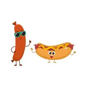 滑稽的微笑香肠和热狗字符,快速食品的概念跳舞的老式热狗卡通人物