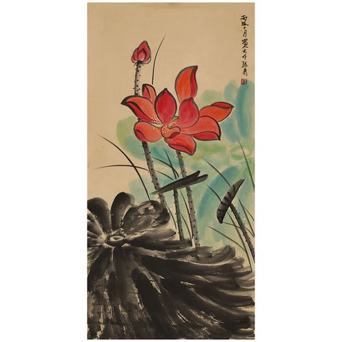 苑名家张大千字画三尺花鸟国画纯手绘写意荷花名家古玩大师书画收藏