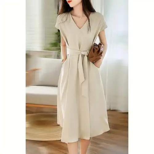 口袋设计法式气质高腰棉质连衣裙女