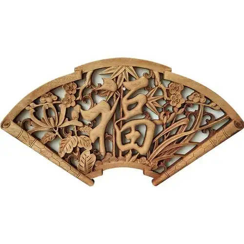 玄关福字龙鱼客厅饭店复古风中式东阳木雕挂件香樟木雕刻花工艺品扇形