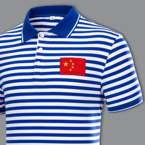 翻领海军衫短袖t恤男士绣国旗纯棉带领蓝白条纹海魂衫保罗polo衫