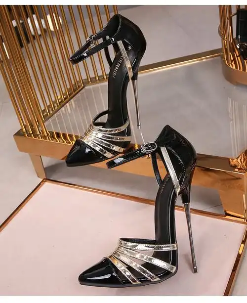 大码16cm高跟鞋一字腕带金属细跟尖头无台薄底时装欧美舞台走秀演出超