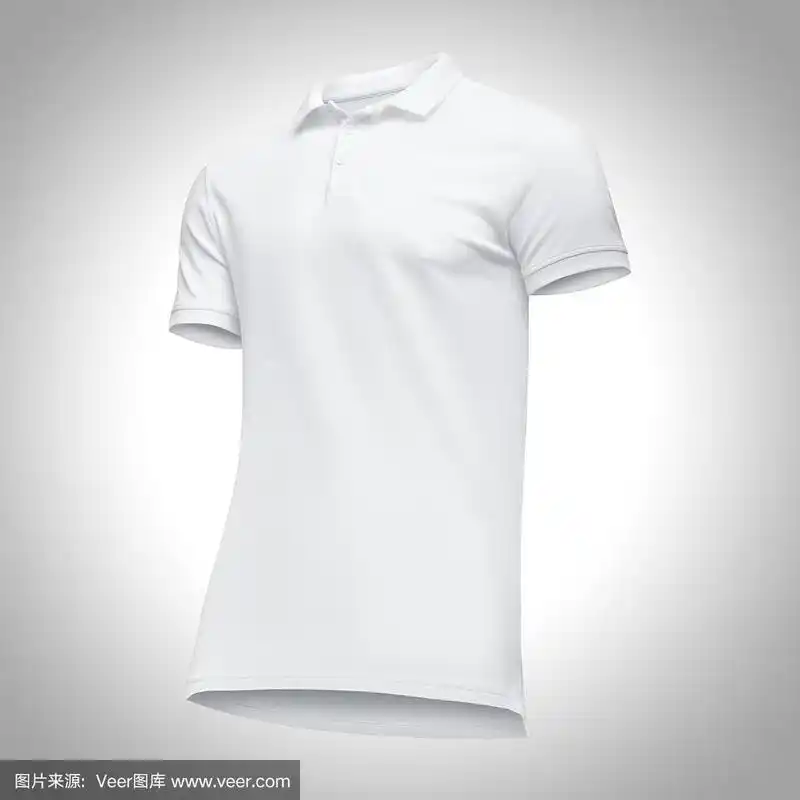 空白模板男子白色polo衫短袖,正面视图半转自下而上,孤立在灰色背景与