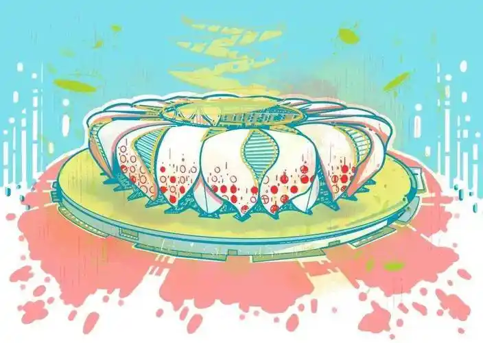 手绘出57个亚运会的场馆建筑,其中包括"大莲花"——杭州奥体中心体育