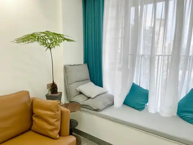 孔雀绿窗帘搭浅棕色沙发