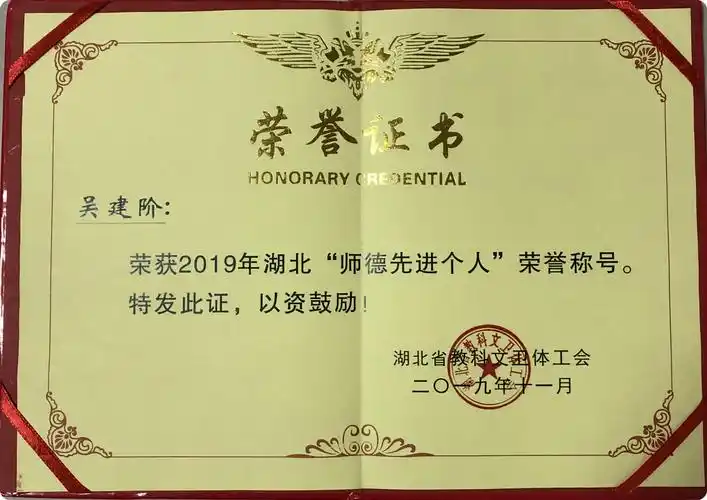 我校吴建阶老师被评为2019年湖北"师德先进个人"