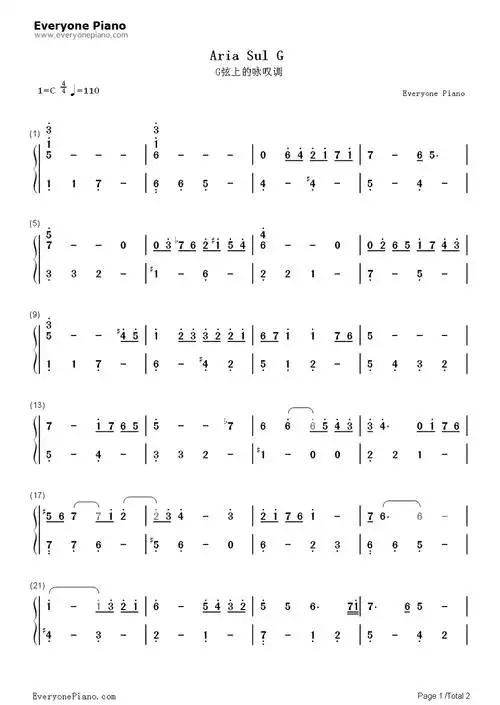 g弦上的咏叹调钢琴简谱-数字双手-巴赫