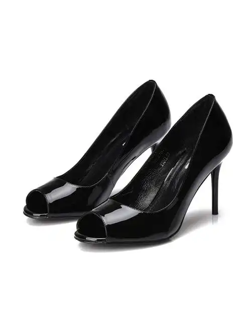 夏季黑色漆皮鱼嘴高跟凉鞋