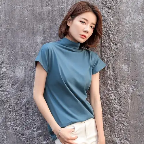 秋季半高领短袖t恤女中袖体恤纯棉打底衫半袖上衣修身五分袖t恤女