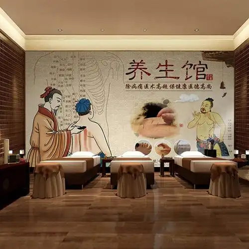 3d中医养生馆壁画美容院按摩理疗馆背景墙纸艾灸针灸会所装饰壁纸