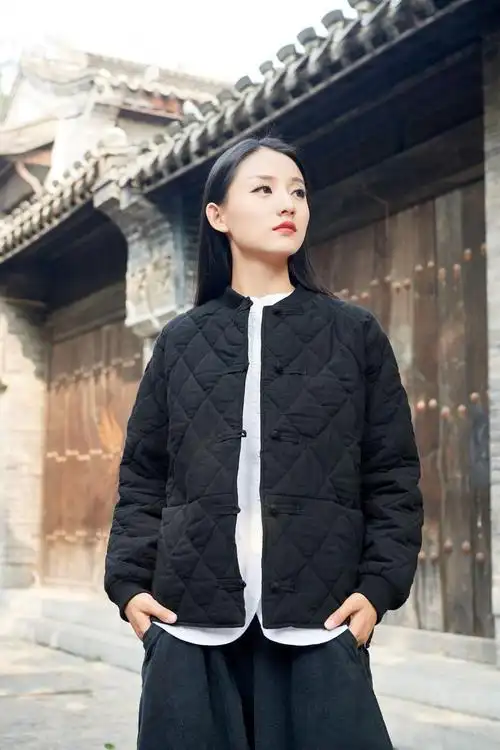 子牧棉麻2018冬装新款 女复古国风夹棉盘扣棉服棉衣xf2355 豆绿 均码