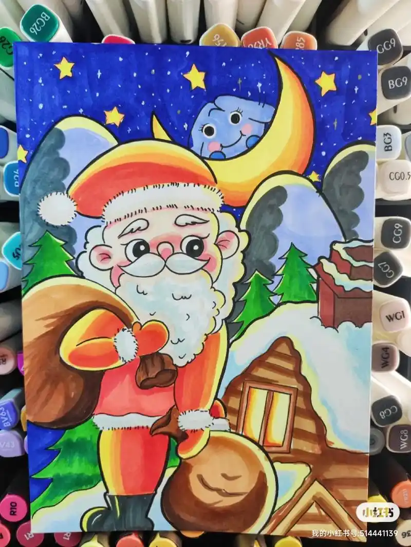 圣诞节主题画-附线稿.#儿童画 #简笔画 #圣诞节主题画#主 - 抖音