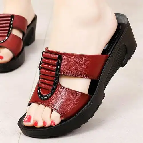 pdd夏款头层牛皮真皮防滑妈妈拖鞋老北京女凉拖坡跟zxh