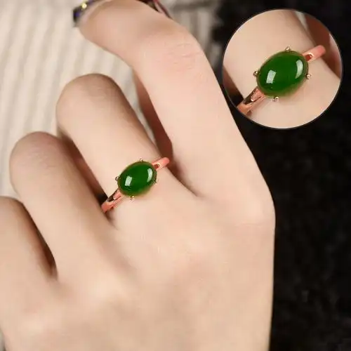 925玫瑰金色镶嵌和田玉碧玉戒指女玉石指环口宝石戒指