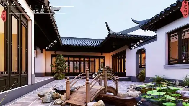 一层中式小院,庭院式布局,水景环绕,连廊入户,错落有致