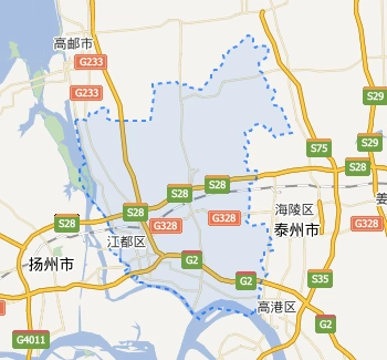 百度地图中的浅蓝色区域内就是扬州江都区.