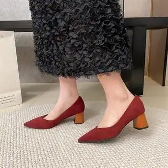 网红款法式高跟鞋女粗跟2024春秋新款尖头浅口单鞋气质名媛黑色职