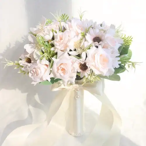 香槟色韩式角玫婚纱拍照婚礼领证花新娘手捧花伴娘仿真白色玫瑰ɑ