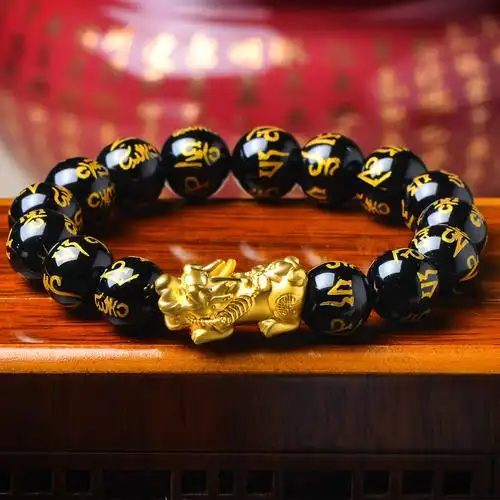 大版貔貅黄金手链男士款本命年足金六字箴言黑玛瑙路路通手串自戴生日