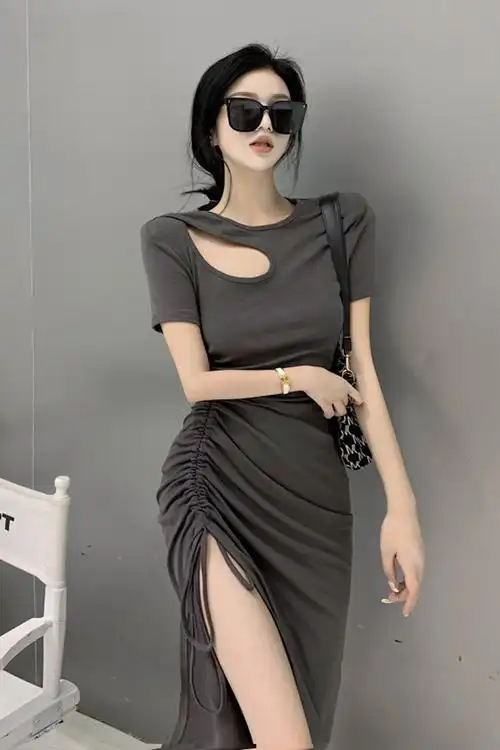 小个子褶皱中长裙女夏季纯欲风显瘦优雅气质长款高开叉连衣裙女