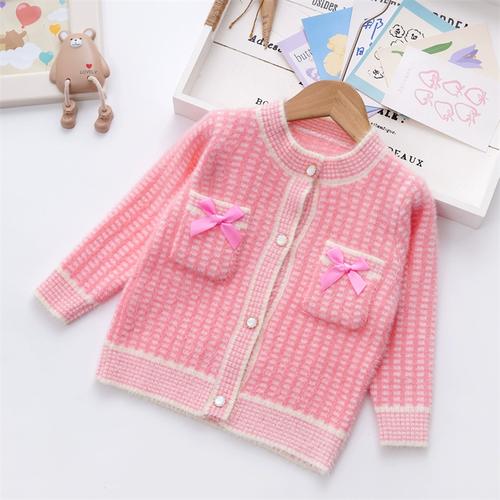 春秋新款女童针织开衫小香风外套婴儿女宝宝毛衣水貂绒儿童针织衫