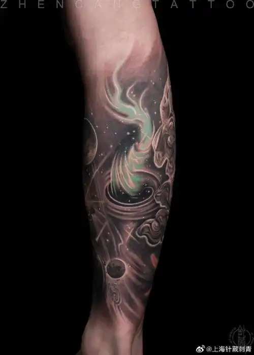 波塞冬主题包小腿61旧纹身遮盖修改|针藏刺青61飏师傅作品