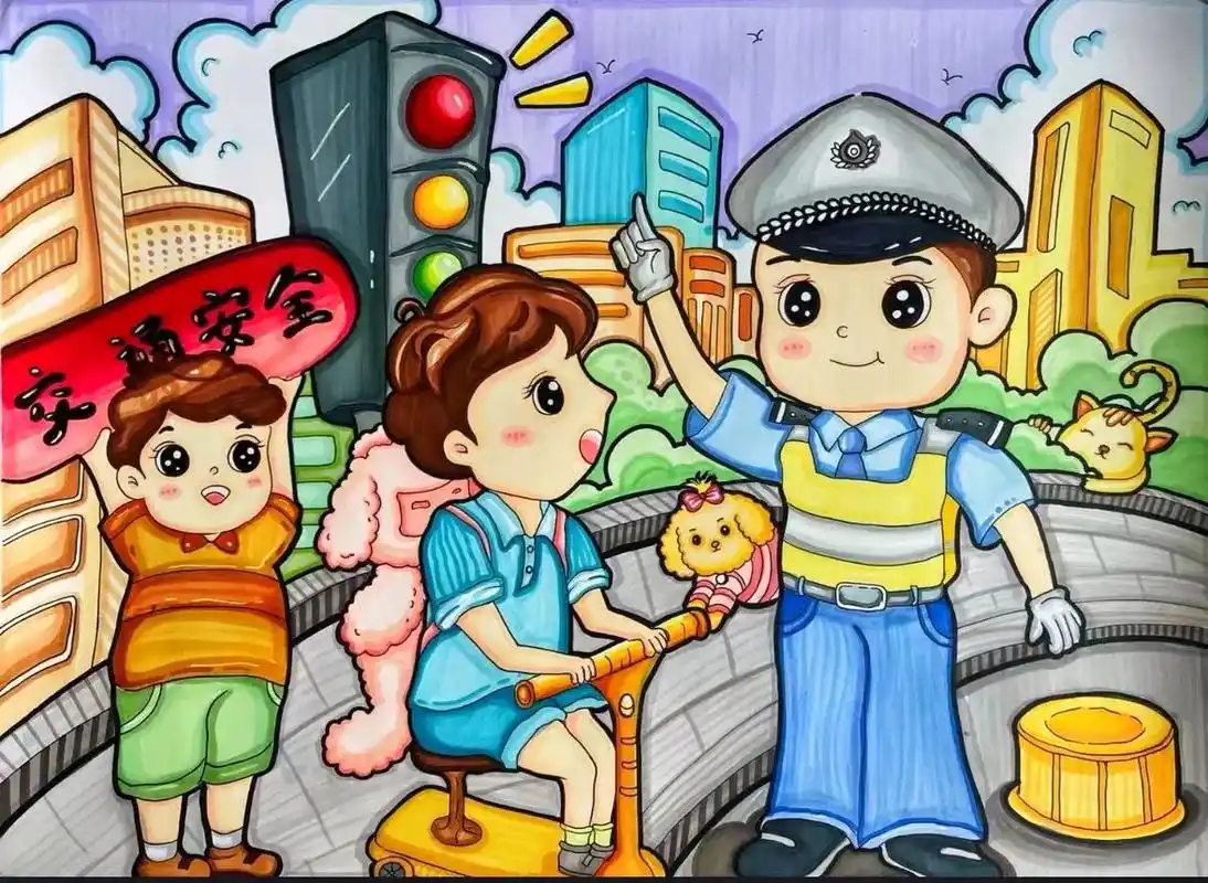 交通安全主题创意儿童画过马路准守交通规则
