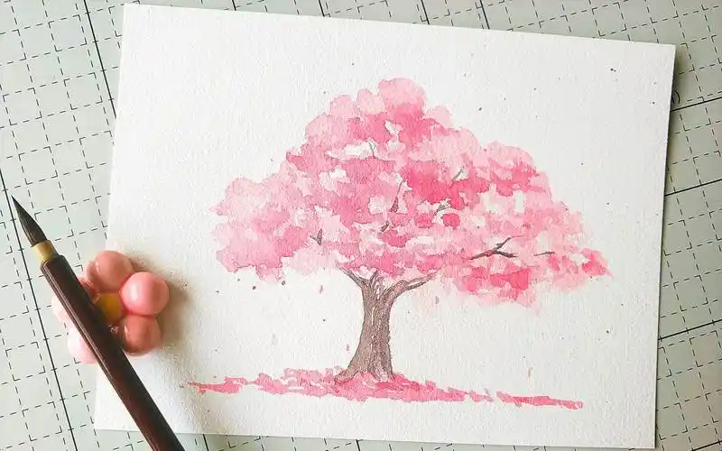 【水彩】樱花树手绘樱花树h5背景黎明画业《樱花树》纯手绘油画家居