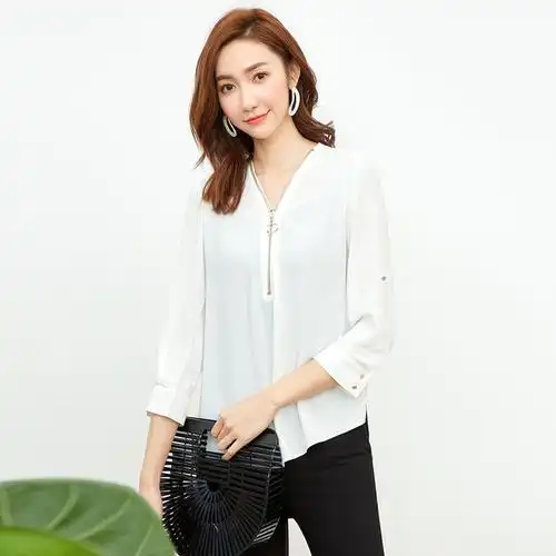 chapelle 白色雪纺上衣甜美2018春季新款宽松韩版v领拉链女士洋气小衫