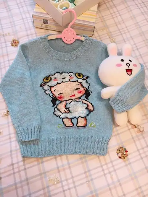 萌芽 羊宝宝十字绣图儿童棒针套头毛衣