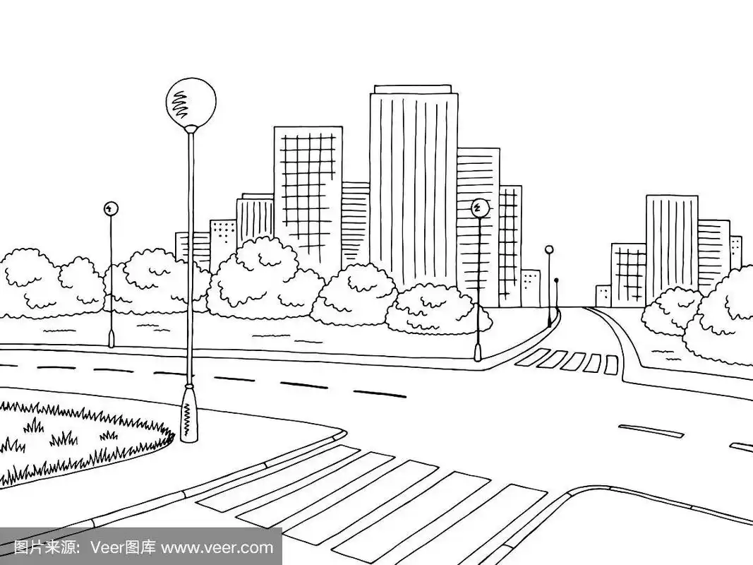 街道道路图形黑白城市景观素描插图矢量