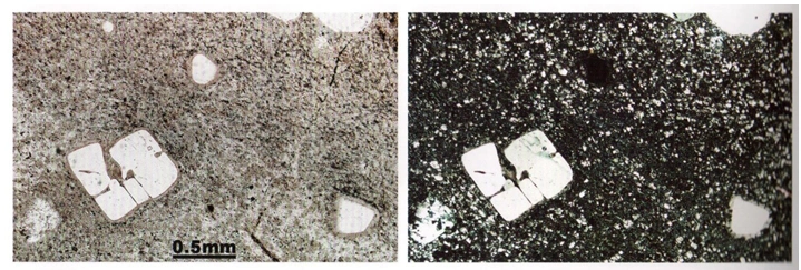 霏细岩,斑晶为石英和透长石,石英常被熔蚀并见窄的反应边,基质由细小