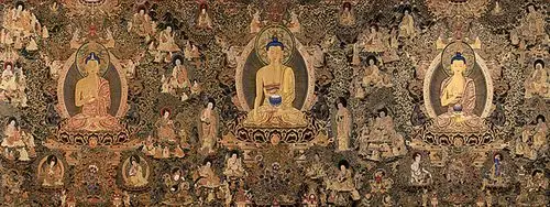 觉囊唐卡当代代表作《三世佛》(黑唐)