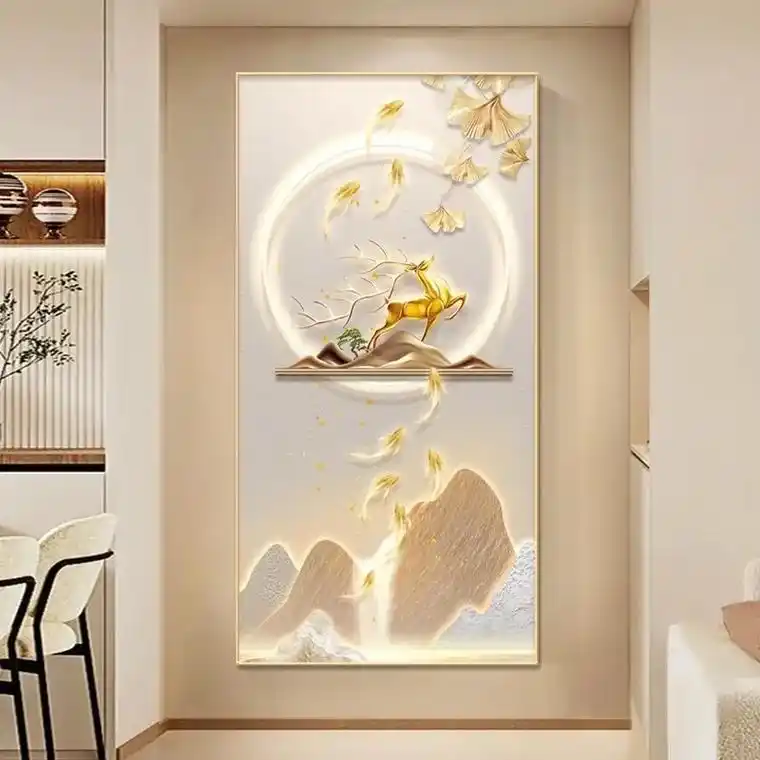 新中式九鱼图玄关装饰画入户客厅走廊过道背景墙竖款轻奢寓意挂画