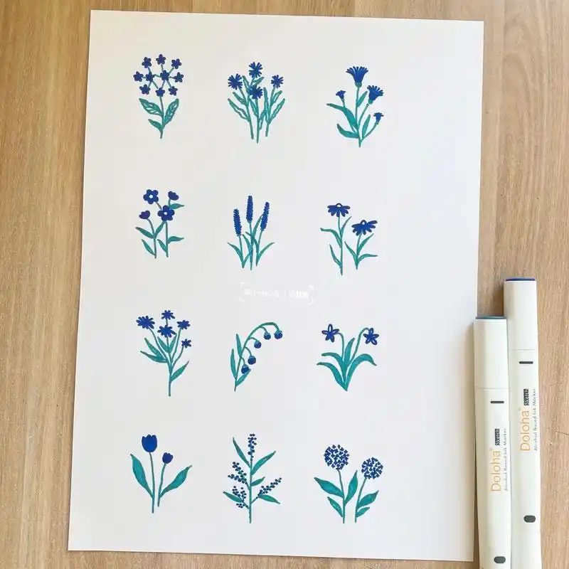 「花卉」简笔画 蓝色系小花花送给你,请接收 笔:多乐绘马克笔 简笔画