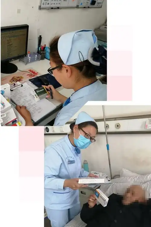 护士取药回来,核对无误,给病人发放口服药.