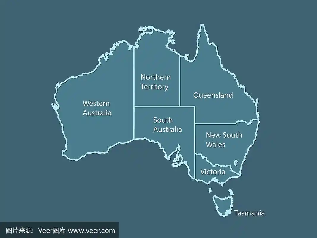 澳大利亚地图土地面积矢量与州名在蓝色背景插图