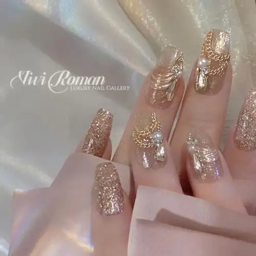 香槟金爆闪美甲奢华丝带穿戴甲