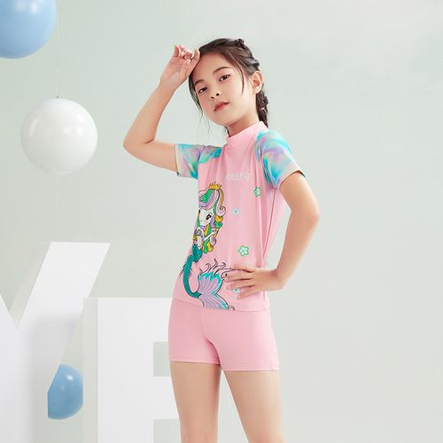 英发女童泳衣分体短袖粉嫩人鱼图案休闲玩水儿童泳衣