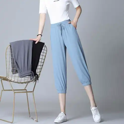 夏季大码哈伦运动休闲裤子斤凉mm200超薄女裤冰丝休闲裤