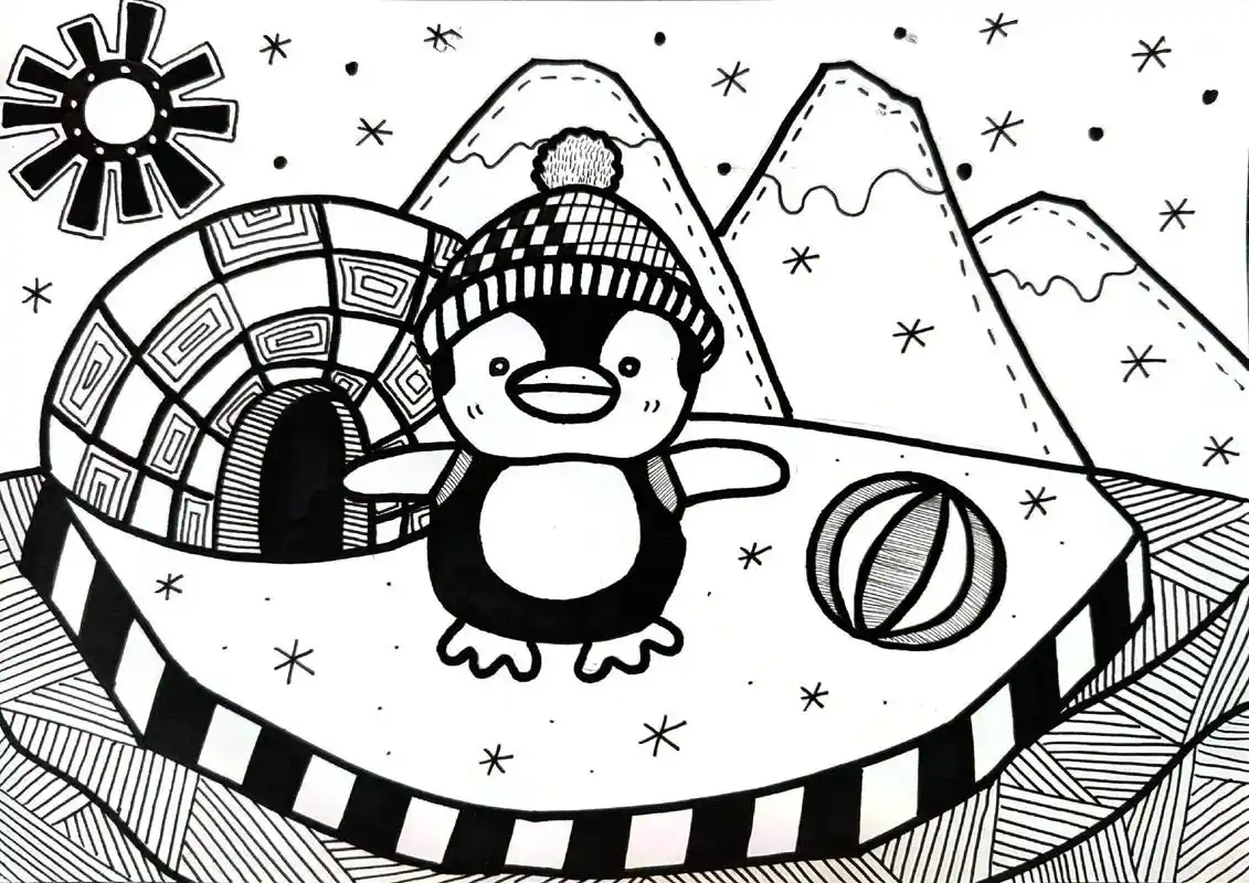 黑白线描——不怕冷的小企鹅.#绘画 #一起学画画 #每日一画 - 抖音