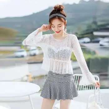 蕾丝微透罩衫泳衣女学生小格子保守温泉泳装夏季遮肉显瘦游泳衣白色l