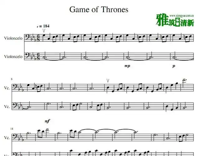 权力的游戏主题曲双大提琴合奏谱