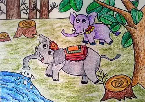 《开心的大象》/少儿绘画作品/儿童画/网络美术馆_中国少儿美术教育网